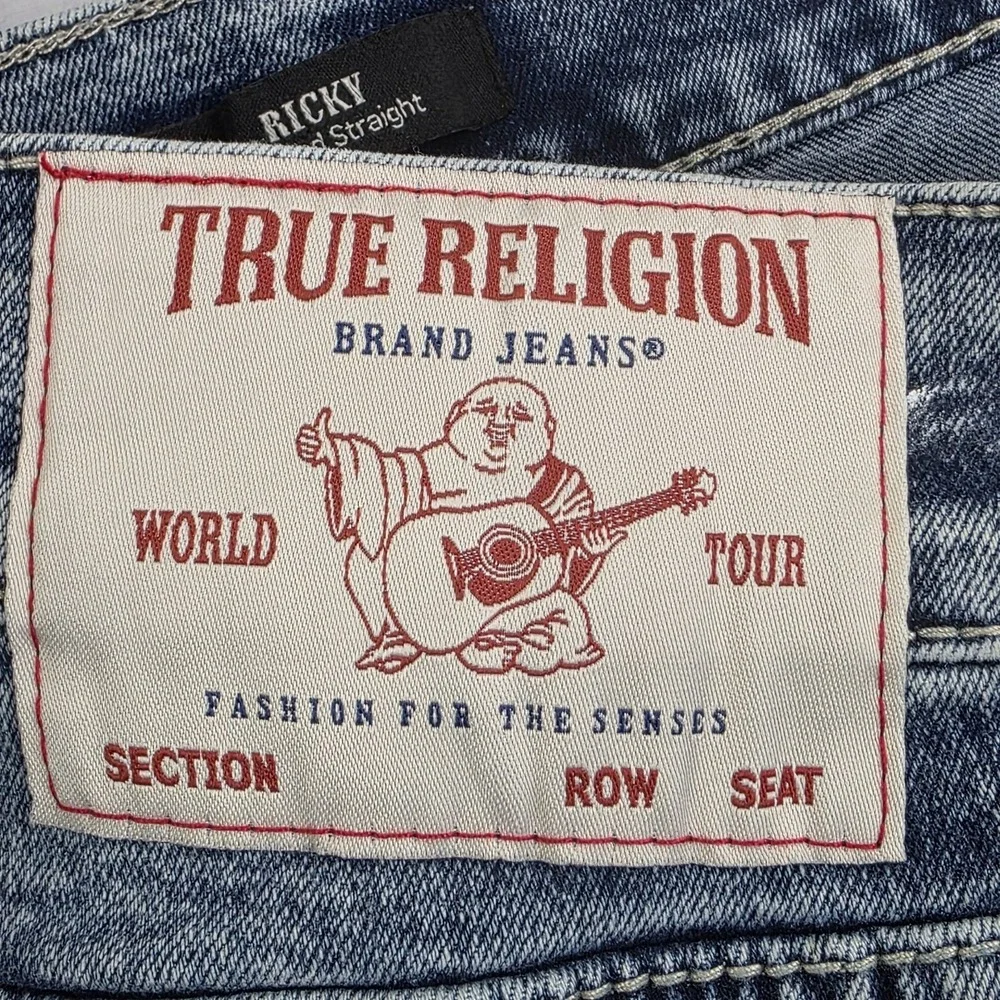 True Religion Jeans Mens 36 Ricky Big T Relaxed Straight Medium Aventurine Blue